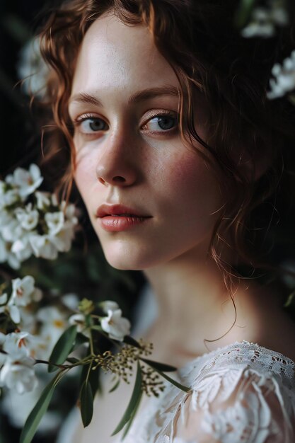Portrait d'une belle jeune femme dans une robe blanche avec des fleurs de printemps