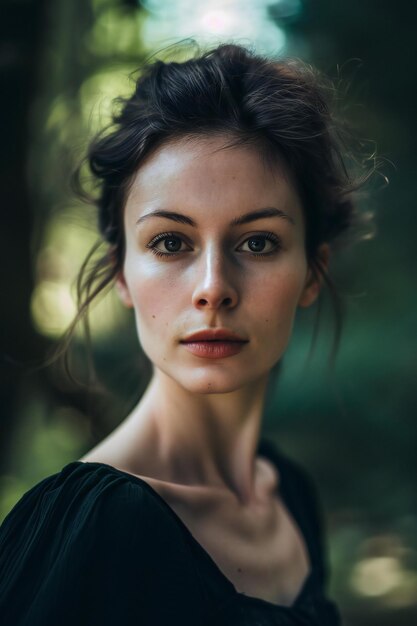 Portrait d'une belle jeune femme dans une robe noire dans la forêt