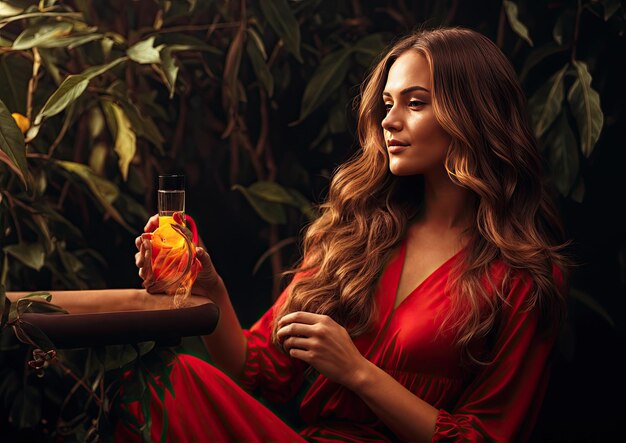 Portrait d'une belle jeune femme dans une robe rouge avec une bouteille de parfum