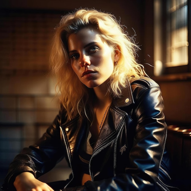 Portrait d'une belle jeune femme dans une veste en cuir assise dans un café