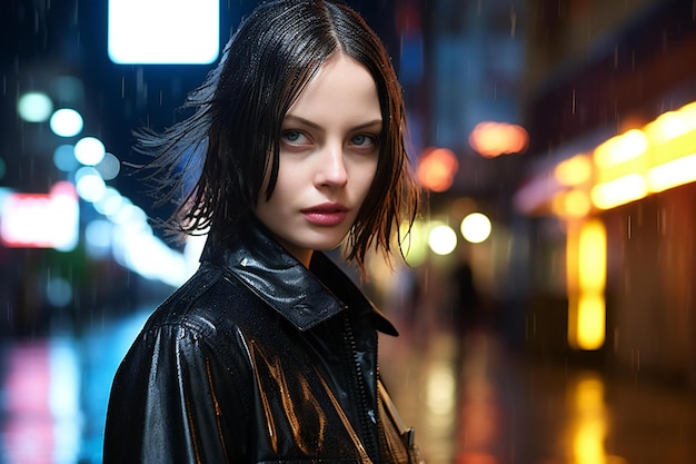 Portrait d'une belle jeune femme dans une veste en cuir noire la nuit