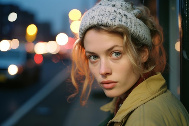 portrait d'une belle jeune femme dans la ville la nuit