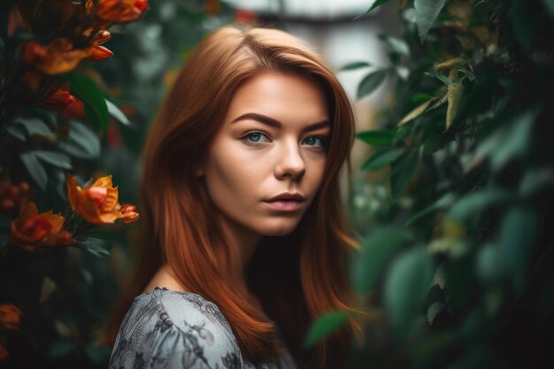 Portrait d'une belle jeune femme debout à l'extérieur parmi les plantes créées avec l'IA générative