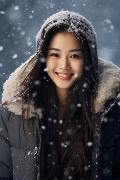 Photo portrait d'une belle jeune femme debout sous la neige en hiver