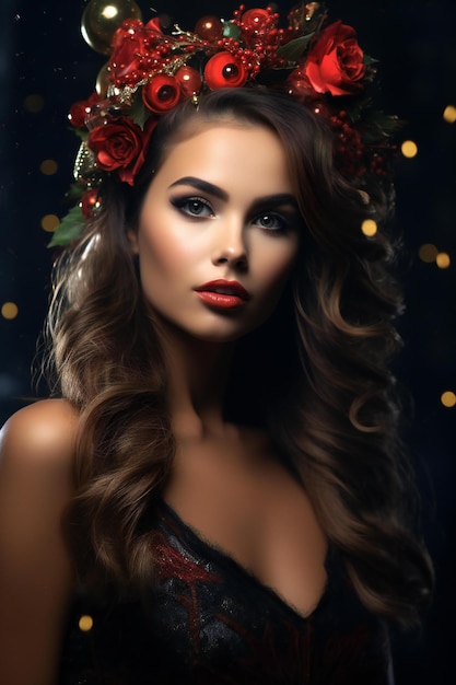 Portrait d'une belle jeune femme avec du maquillage et une couronne de fleurs