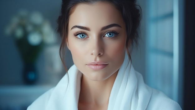 Portrait d'une belle jeune femme avec du maquillage dans l'intérieur de la maison en tissu blanc