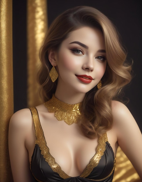 Portrait d'une belle jeune femme avec du maquillage de soirée et des bijoux en or