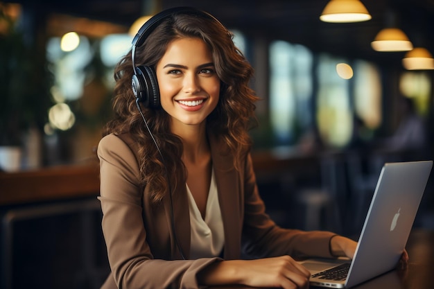 Portrait d'une belle jeune femme avec des écouteurs qui parle au micro à la station de radio