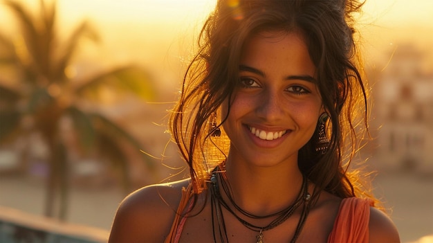 Portrait d'une belle jeune femme indienne souriant à la caméra