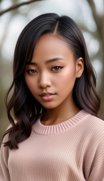 Portrait d'une belle jeune femme japonaise noire avec un pull rose surdimensionné à l'impression de fleurs