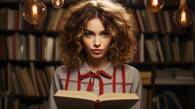 Portrait d'une belle jeune femme lisant un livre dans la bibliothèque