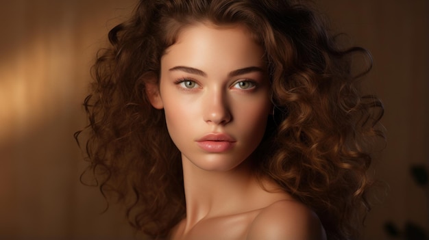 Portrait d'une belle jeune femme avec de longs cheveux bouclés Beauté mode IA générative