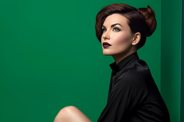 Portrait de belle jeune femme avec maquillage et coiffure sur fond vert