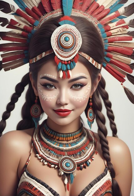 Portrait d'une belle jeune femme avec un maquillage ethnique et des accessoires de style boho