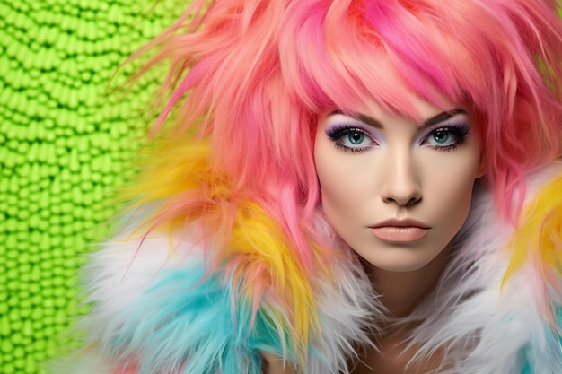 Photo portrait de la belle jeune femme avec un maquillage lumineux et des cheveux roses