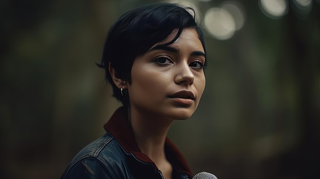 Portrait d'une belle jeune femme avec un microphone à la main