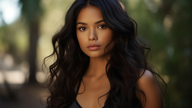 Portrait d'une belle jeune femme mixte aux longs cheveux bouclés