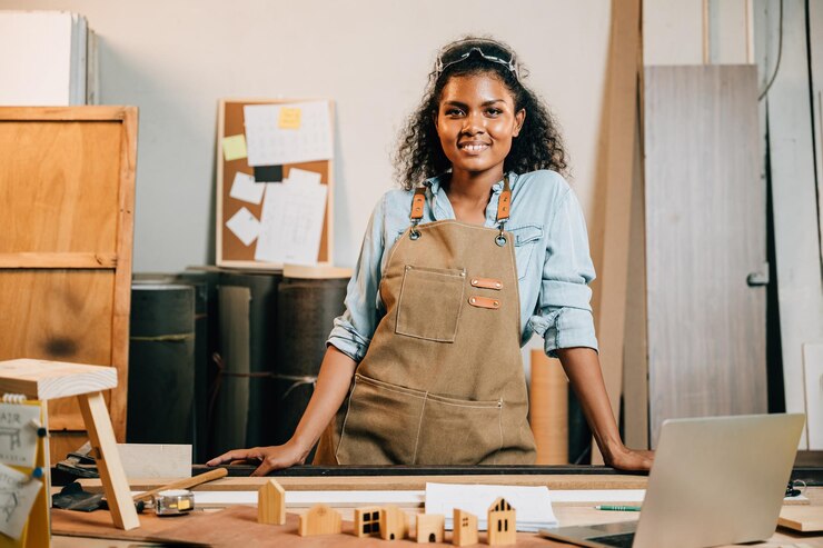 Photo portrait d'une belle jeune femme noire américaine aux cheveux bouclés en menuiserie souriante debout et regardant la caméra sur la table de l'espace de travail à l'atelier contre le bois ou le bois national carpenters day