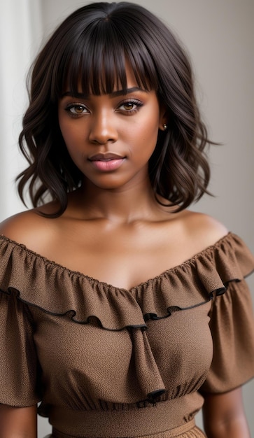 Portrait d'une belle jeune femme noire américaine dans un blouse à rayures à l'impression rose