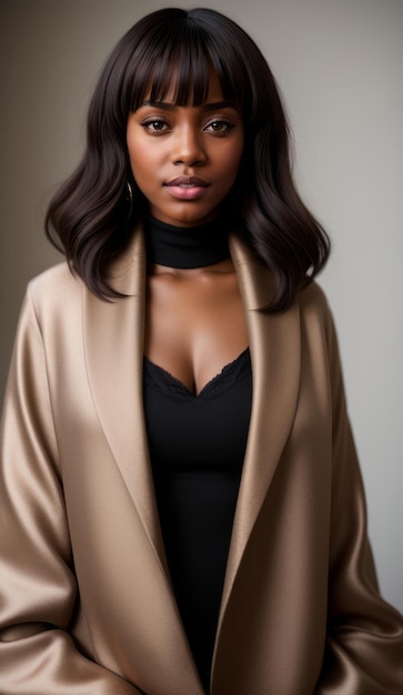 Portrait d'une belle jeune femme noire américaine modeste dans un manteau de soie avec un collier de fourrure