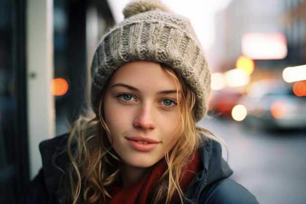 portrait d'une belle jeune femme portant un bonnet et une écharpe dans la ville la nuit