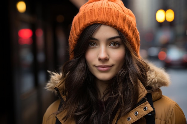portrait d'une belle jeune femme portant un bonnet orange dans une rue de la ville