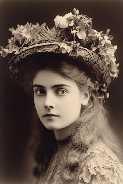 Photo portrait d'une belle jeune femme portant un chapeau élaboré créé avec une ia générative
