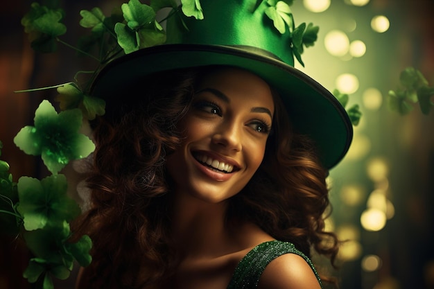 Portrait d'une belle jeune femme portant un chapeau de leprechaun