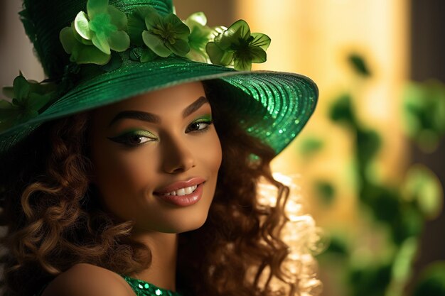 Portrait d'une belle jeune femme portant un chapeau de leprechaun