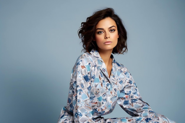 Portrait de belle jeune femme en pyjama sur fond bleu