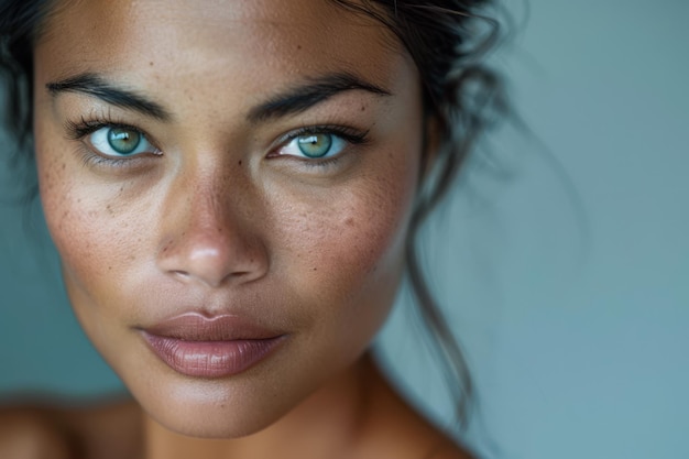 Portrait d'une belle jeune femme avec un regard intense et des taches de rousseur isolées de l'espace de copie b