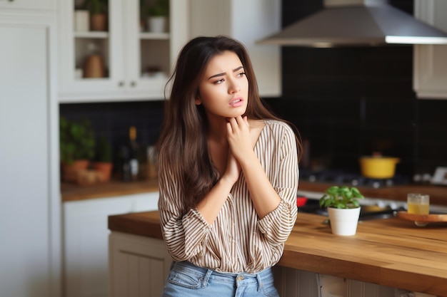 Portrait d'une belle jeune femme regardant la caméra alors qu'elle se tient dans la cuisine à la maison