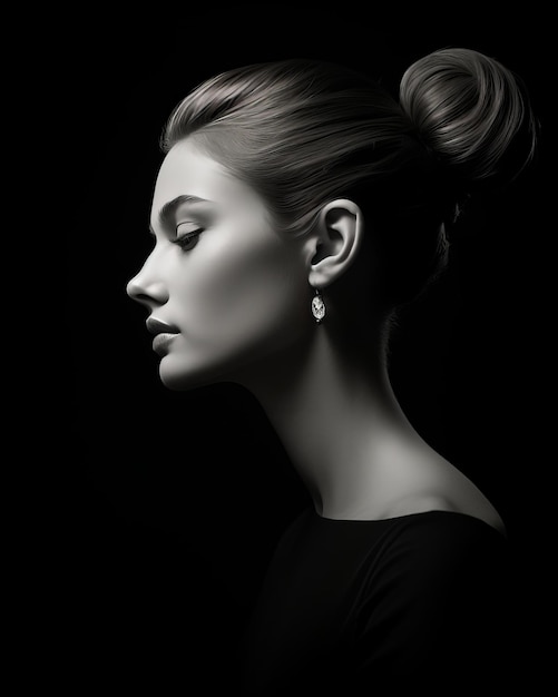 portrait de belle jeune femme en robe noire et boucles d'oreilles sur fond noir