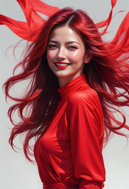 Portrait d'une belle jeune femme en robe rouge avec des cheveux volants