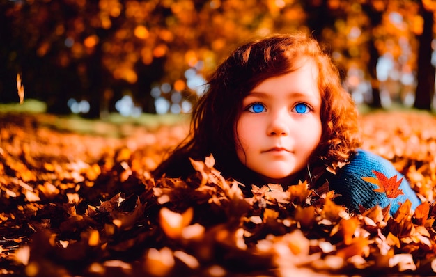 Portrait d'une belle jeune femme rousse allongée sur des feuilles d'automne AI générative