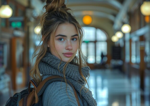 Portrait d'une belle jeune femme avec un sac à dos dans le métro