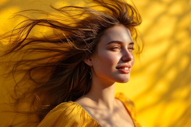 Photo portrait d'une belle jeune femme avec ses cheveux soufflant dans le vent sur un fond jaune