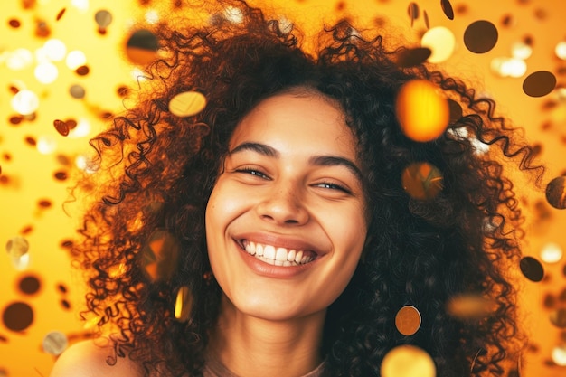 Portrait d'une belle jeune femme souriante aux cheveux bouclés contre des confettis dorés tout autour sur un fond plat