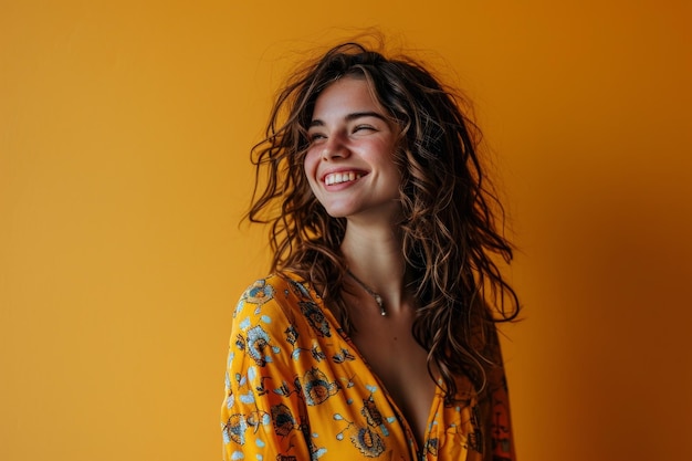 Portrait d'une belle jeune femme souriante sur fond orange photo stock