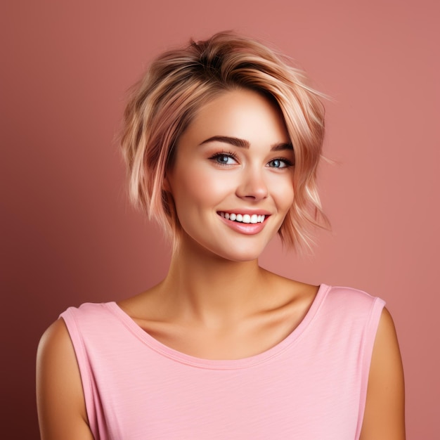 Portrait d'une belle jeune femme souriante sur un fond rose