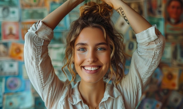 Portrait d'une belle jeune femme souriante avec les mains en l'air