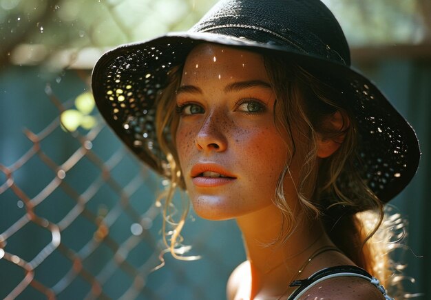 Portrait d'une belle jeune femme avec des taches de rousseur dans le chapeau