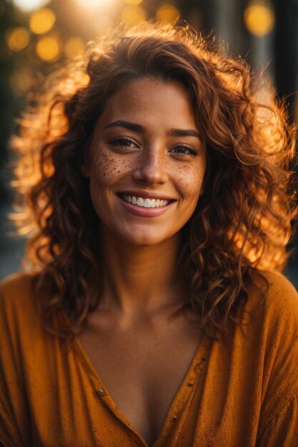 Portrait d'une belle jeune femme avec des taches de rousseur sur le visage dans un éclairage chaud