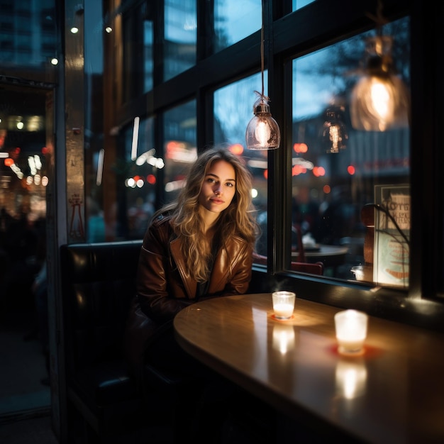 Portrait d'une belle jeune femme avec une tasse de café dans ses mains assis à une table