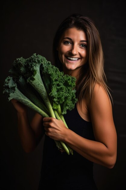 Un portrait d'une belle jeune femme tenant un tas de chou frisé créé avec une IA générative