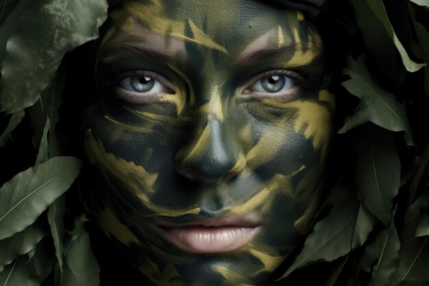 Portrait de la belle jeune femme en tissu de camouflage Fashion shot AI généré