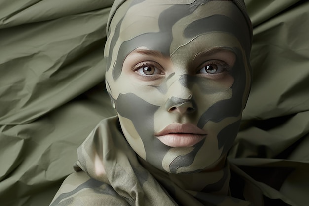 Portrait de la belle jeune femme en tissu de camouflage Fashion shot AI généré