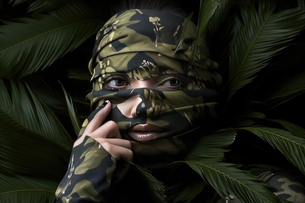 Portrait de la belle jeune femme en tissu de camouflage Fashion shot AI généré