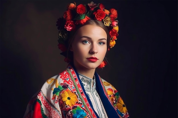 Portrait d'une belle jeune femme ukrainienne vêtue d'une robe traditionnelle et d'un jaune bleu floral