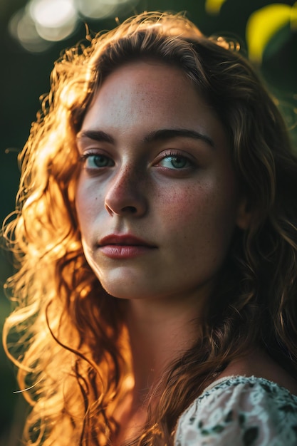 Portrait d'une belle jeune fille aux cheveux bouclés à la lumière du soleil